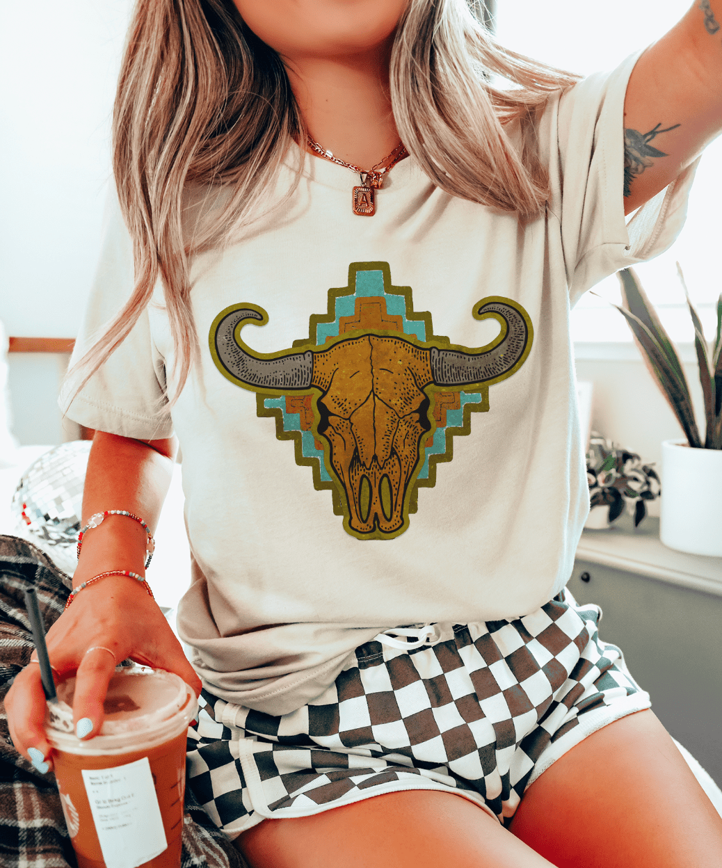 MISSMUDPIE Aztec Cow Skull - Cream Tee