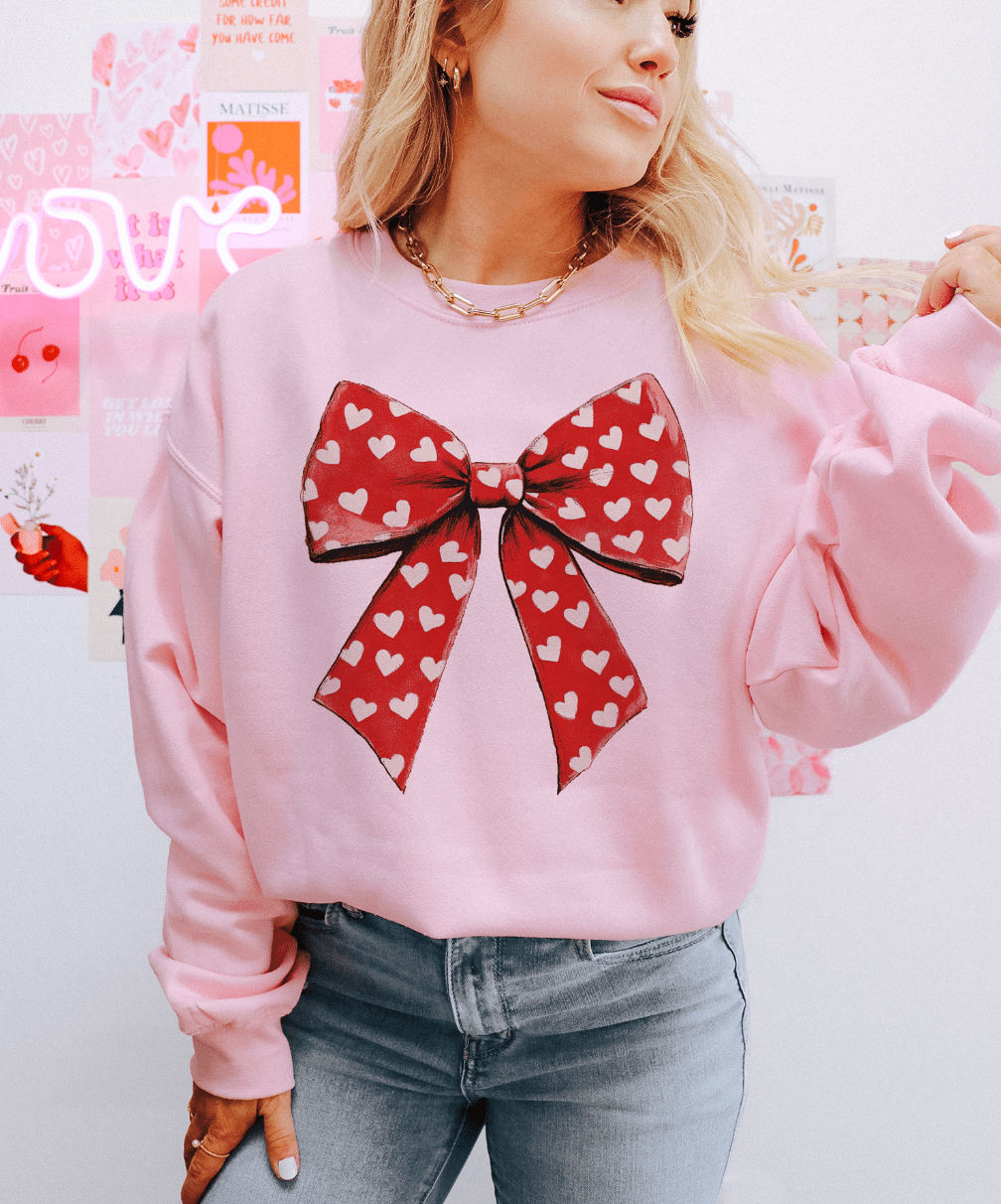 MISSMUDPIE Small / Pink Sweatshirt Big Red Bow With Hearts - Multiple color options in Tee or Sweatshirt