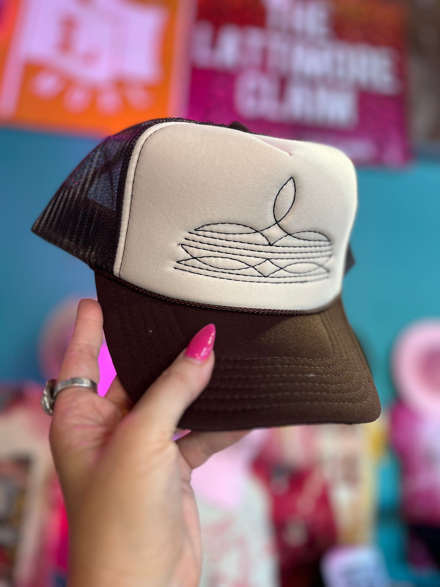 Shipping Dept. Brown & Tan with Black stitching Boot Stitch Trucker Caps - Multiple Color Options