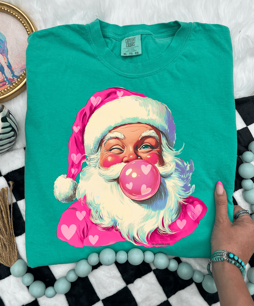 Shipping Dept. SMALL / Island Green Comfort Color Tee Bubblegum Heart Santa - Multiple Color options