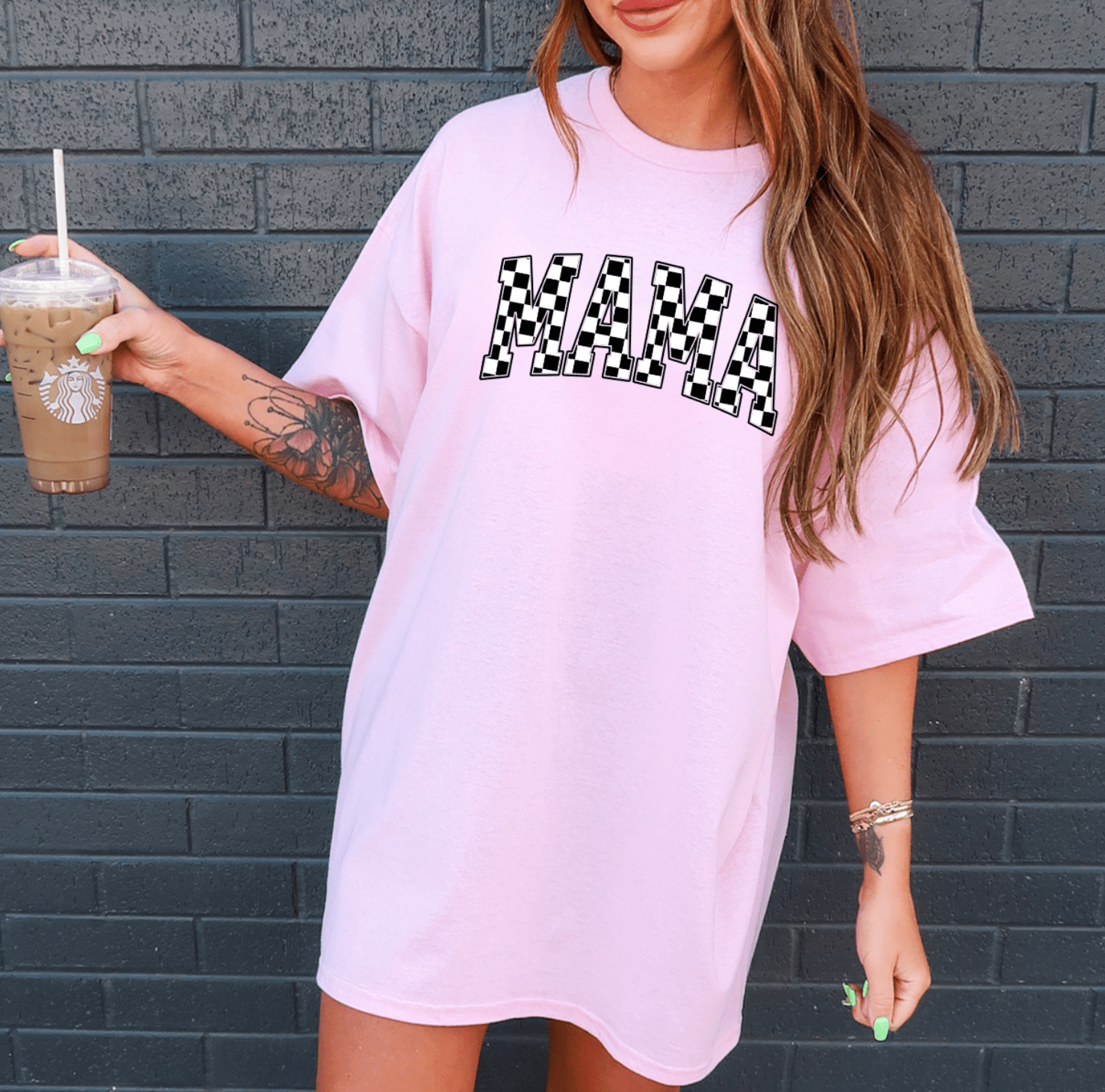 Shipping Dept. Checkered Black & White MAMA on Baby Pink- Tee & Sweatshirt option