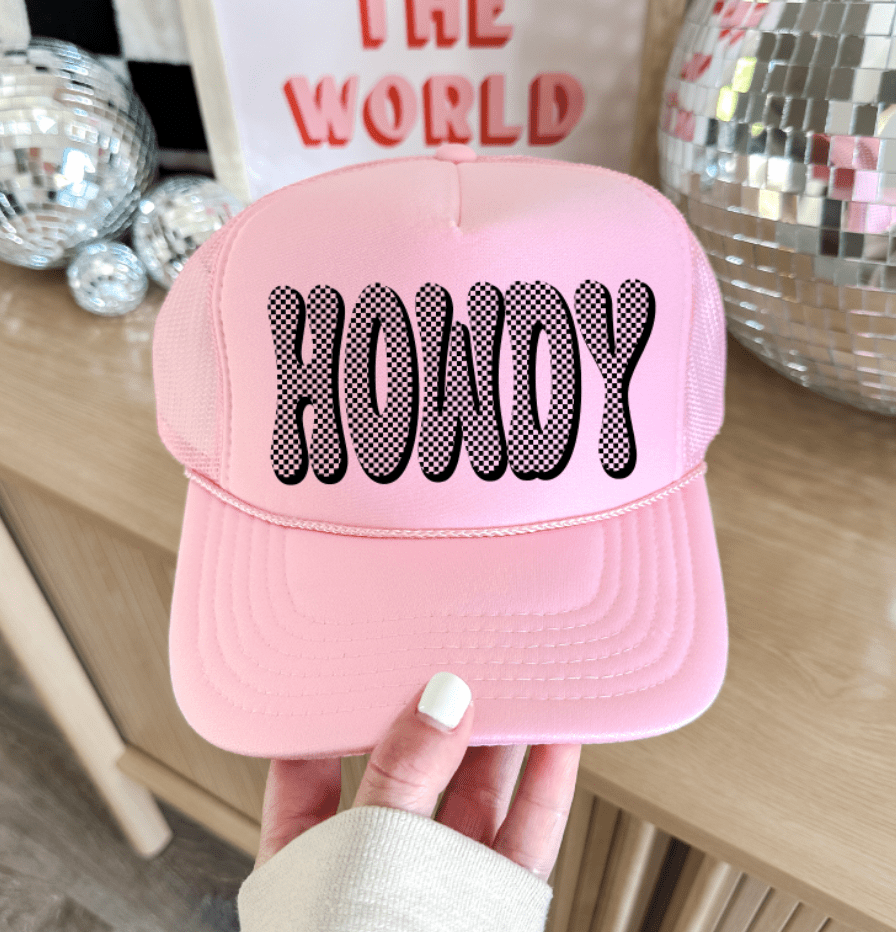 Shipping Dept. Checkered Howdy - Foam Trucker Cap - Baby Pink