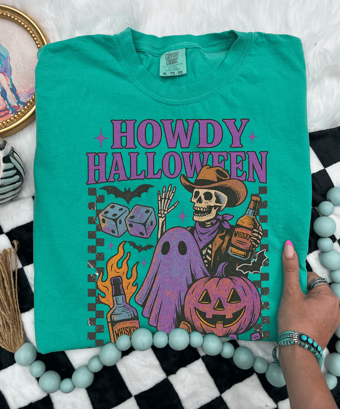 Shipping Dept. Checkered Howdy Halloween - Comfort Color Island Green