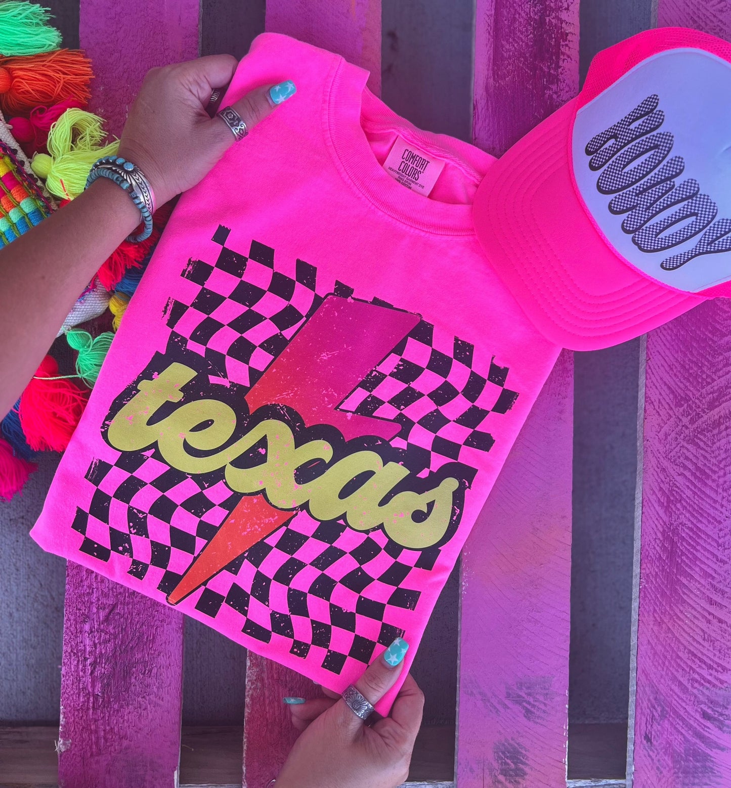 Shipping Dept. Checkered Texas with Lightening Bolt - Neon Pink Comfort Color Tee