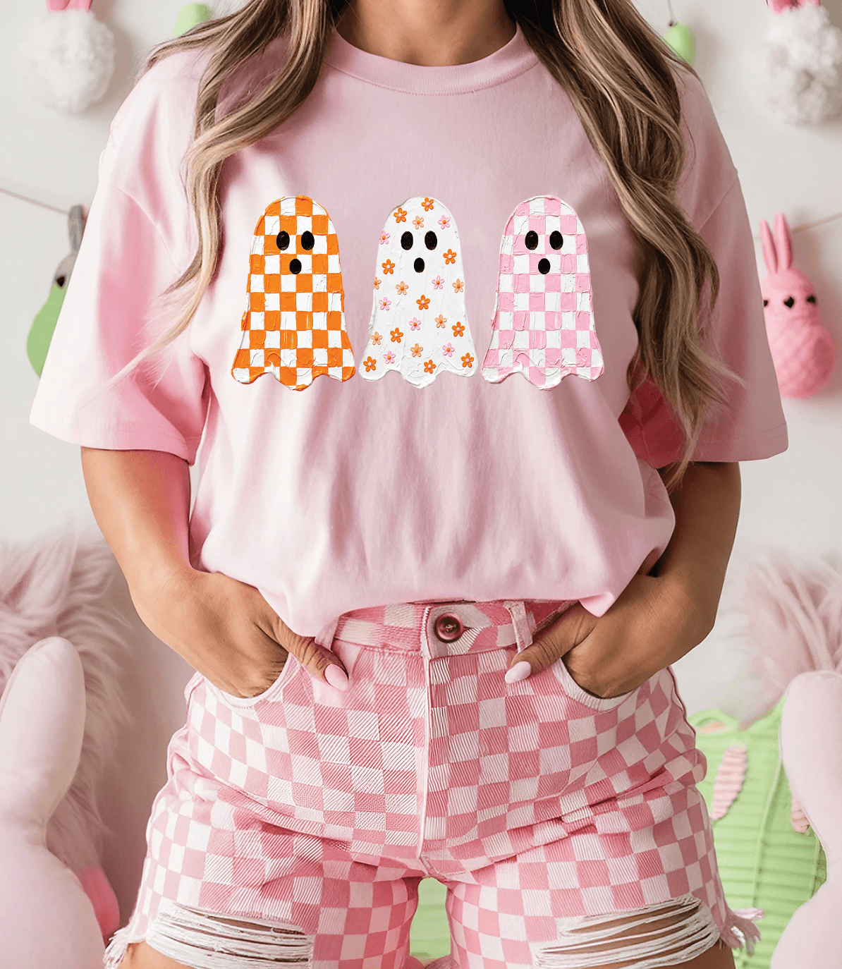 Shipping Dept. SMALL / Baby Pink Tee Cute Checkered Ghost Halloween - Tees and Sweatshirts
