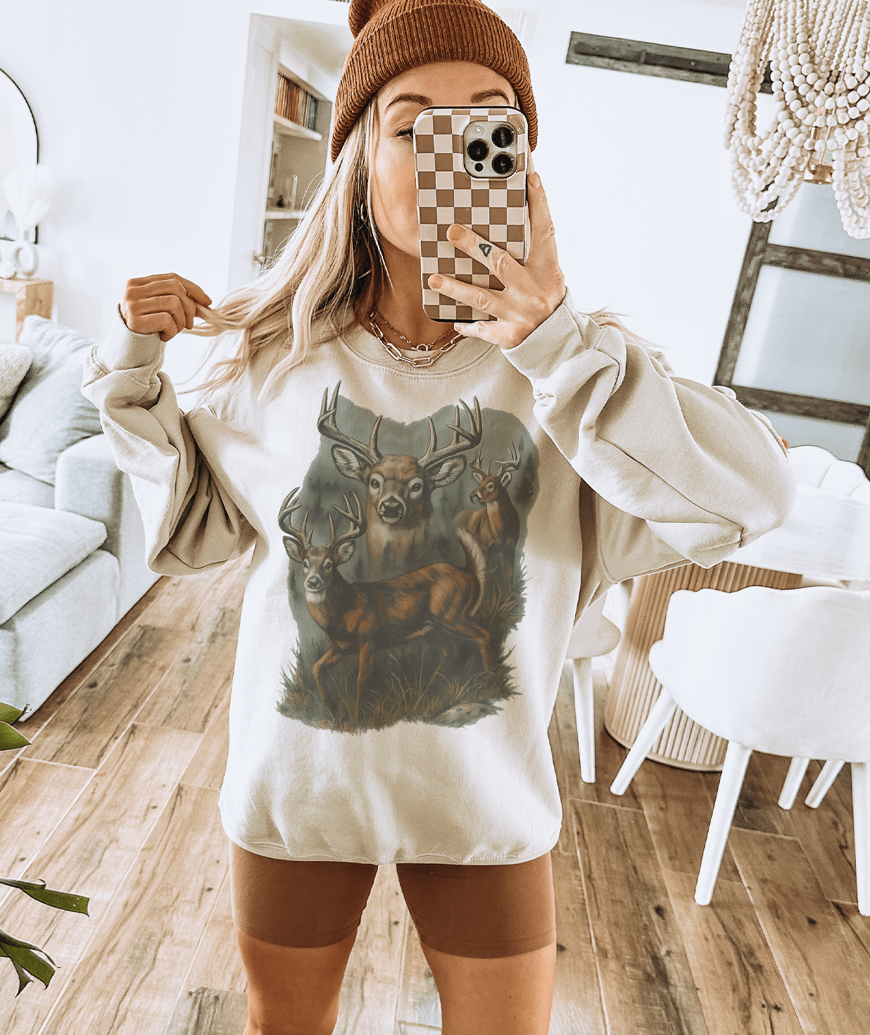 Shipping Dept. Adult SMALL / Cream Sweatshirt Deer Trio Vintage