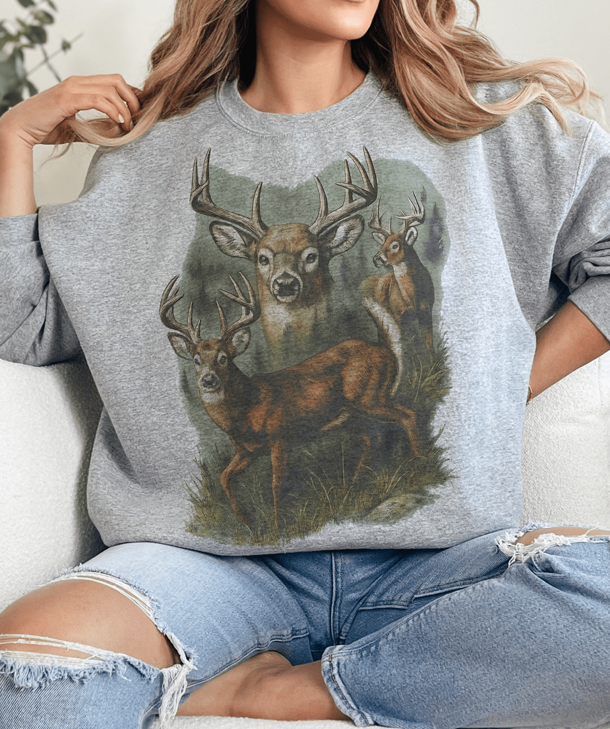 Shipping Dept. Adult SMALL / Heather Gray Sweatshirt Deer Trio Vintage