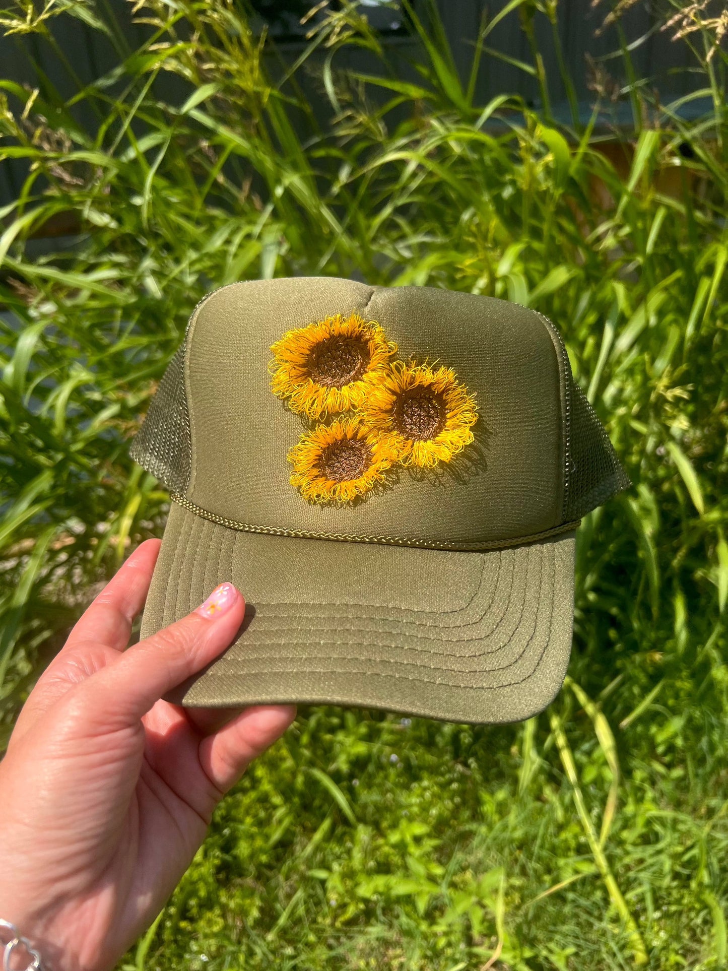 Shipping Dept. Embroidered Fluffy Sunflower Olive Otto Hat