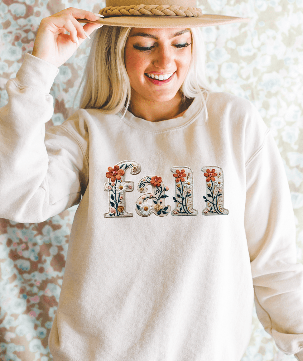 Shipping Dept. SMALL / Cream Sweatshirt Fall Floral Faux Embroidered Tees and Sweatshirts
