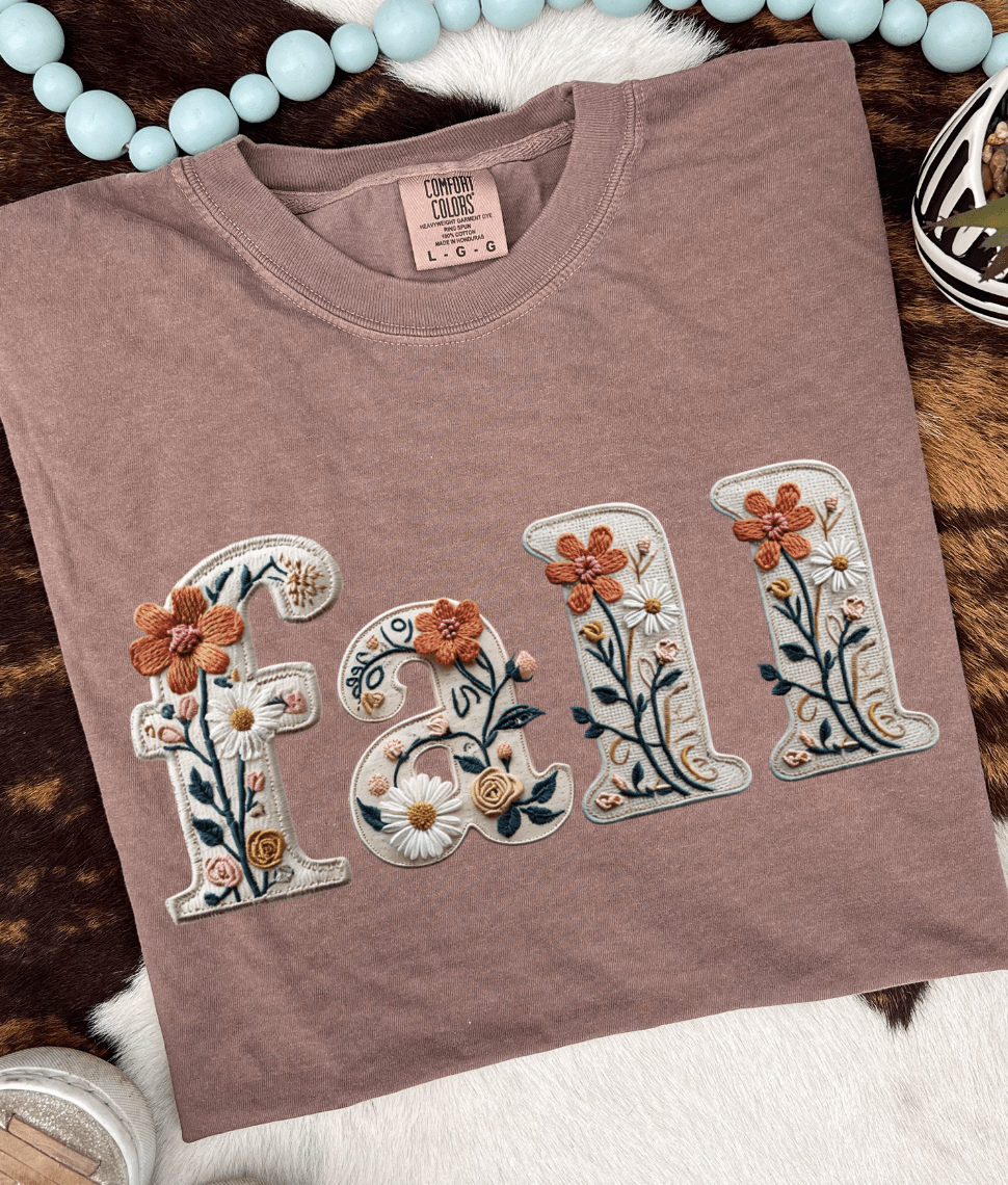 Shipping Dept. SMALL / Expresso Comfort Color Tshirt Fall Floral Faux Embroidered Tees and Sweatshirts
