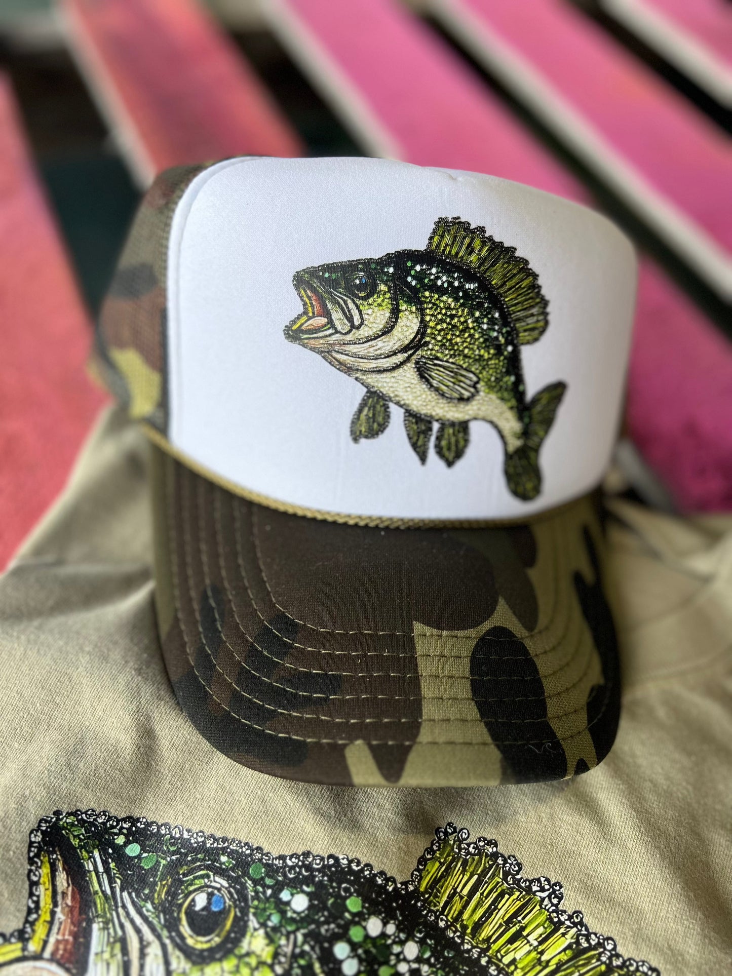 Shipping Dept. Faux Rhinestone Bass Fishing Otto Camo Trucker Cap