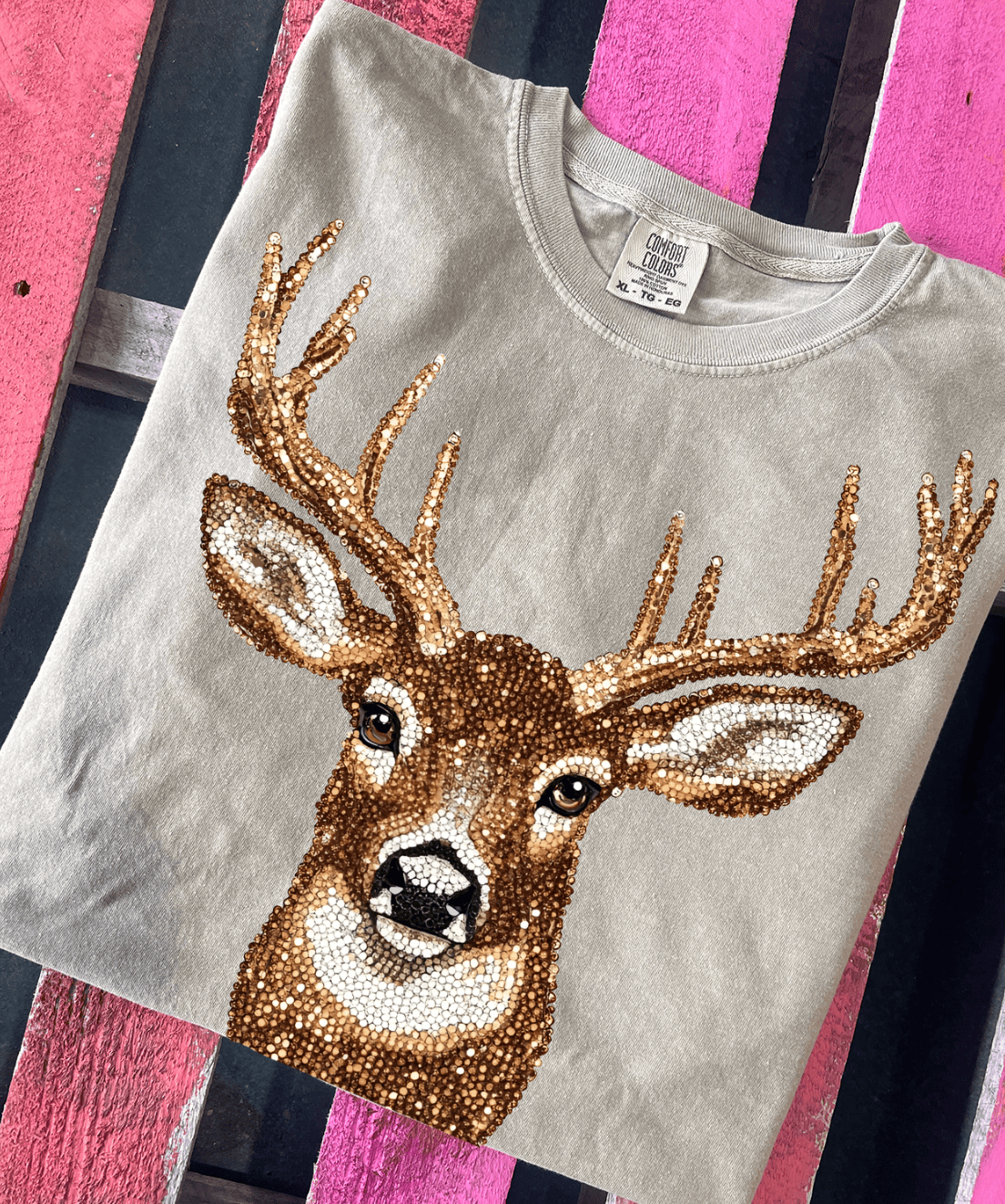 Shipping Dept. Adult SMALL / Comfort Color - Khaki Faux Rhinestone Deer Sweatshirts & T-Shirts