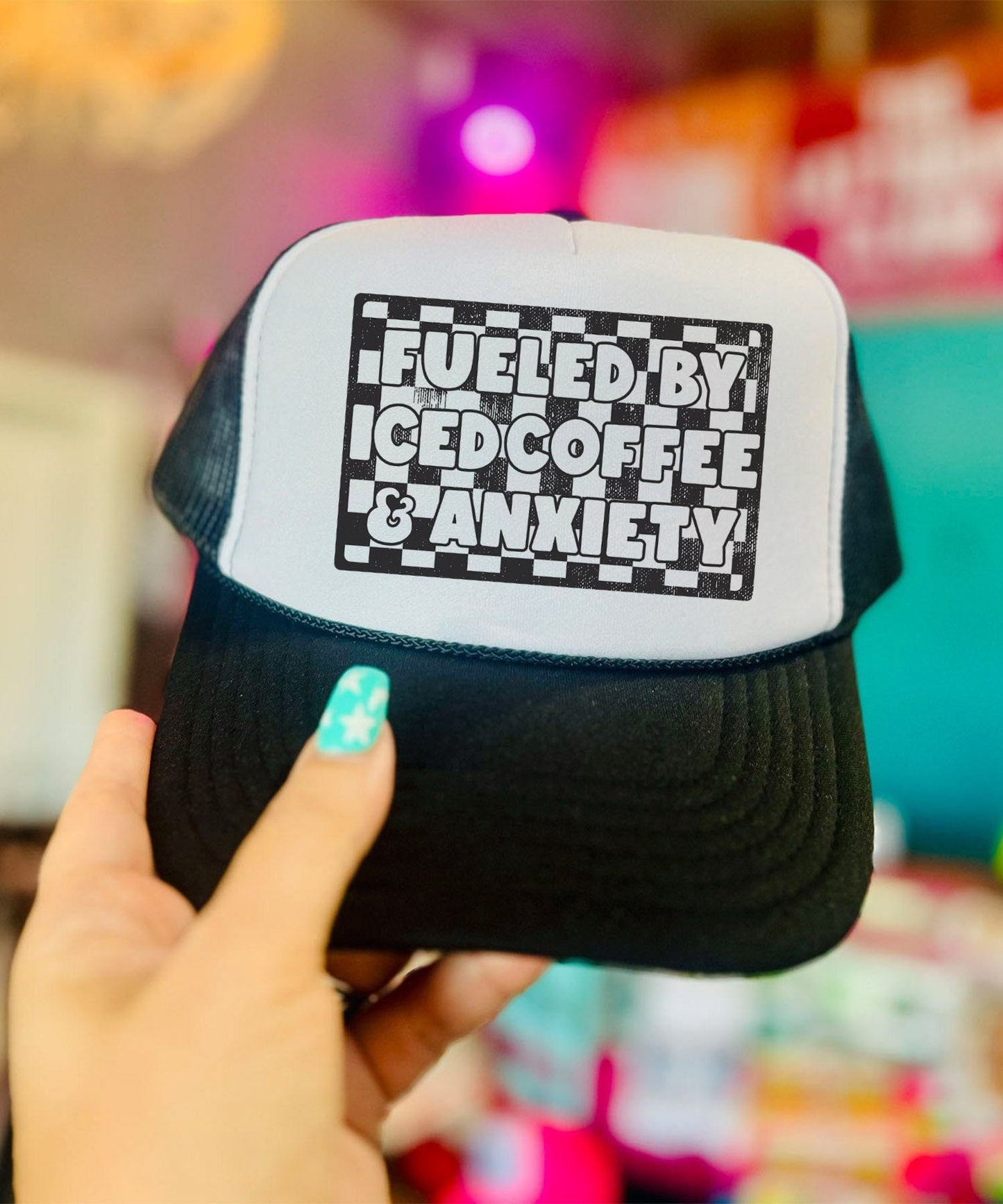 Shipping Dept. Fueled by Iced Coffee and Anxiety OTTO Black and White Foam Trucker
