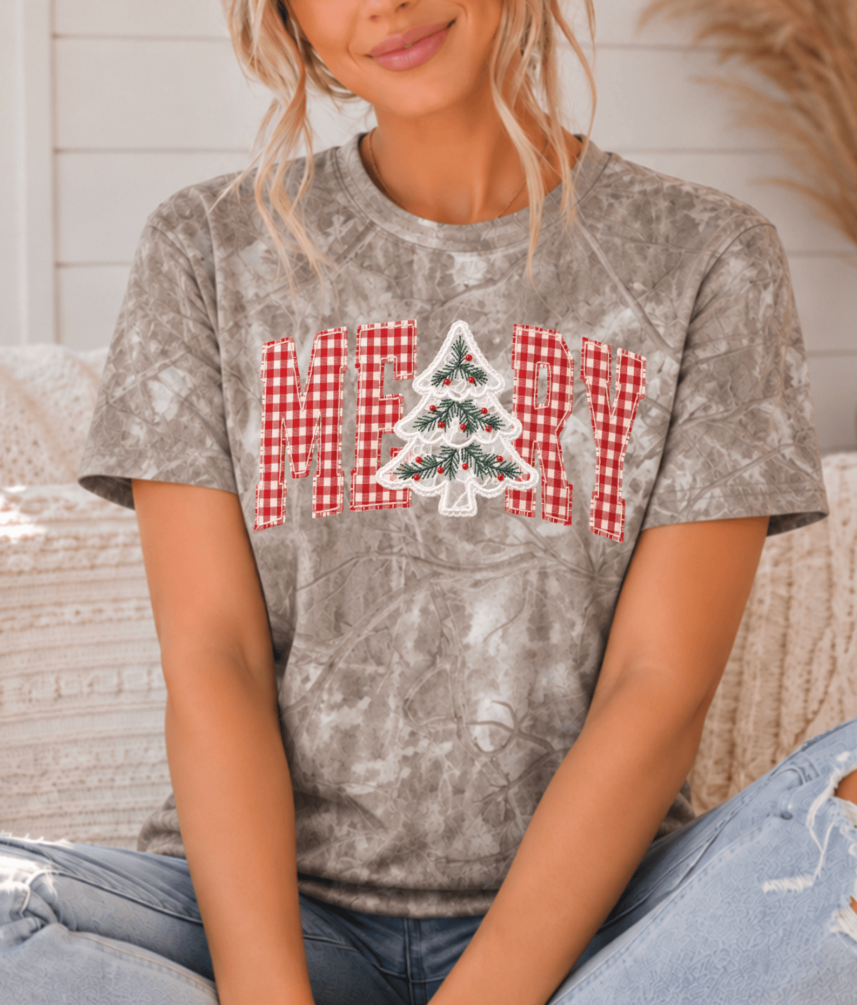 Shipping Dept. Gingham Merry with Tree on Sand Timberwood Camo Tee