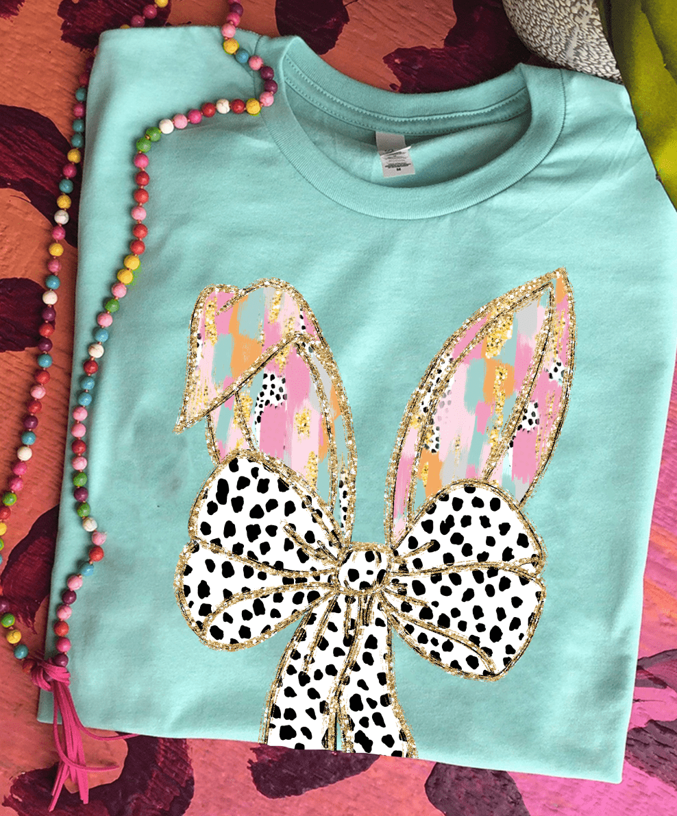 MISSMUDPIE Gold Painted Bunny ears with Bow - Mint Or Baby Pink