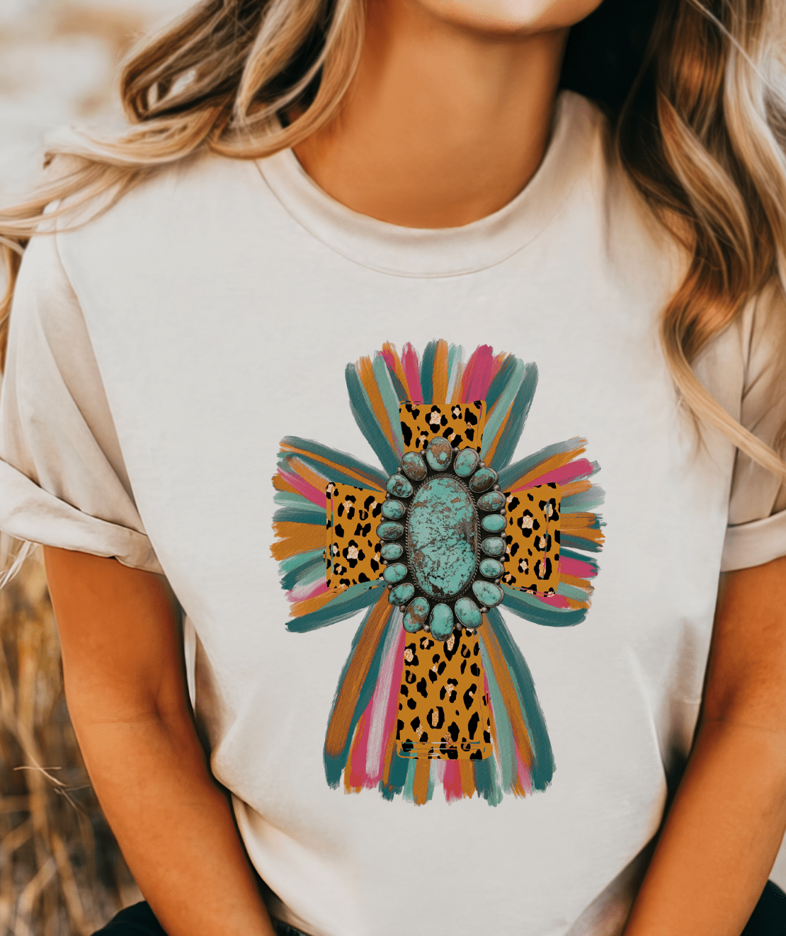 MISSMUDPIE Leopard Cross #2 with turquoise stone - Cream