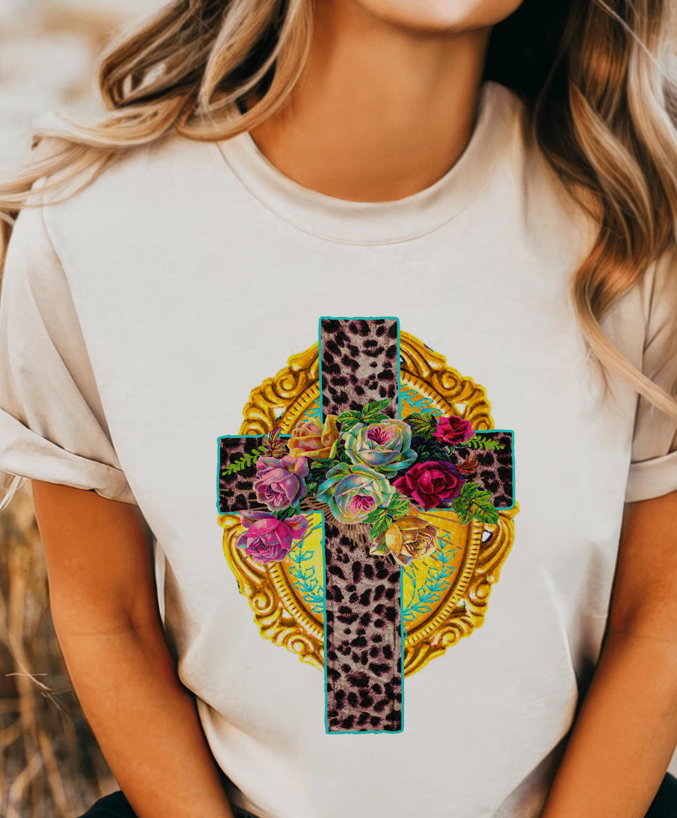 MISSMUDPIE Leopard Easter Cross with Flowers - Cream