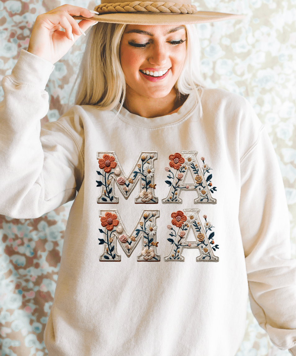 Shipping Dept. SMALL / Cream Sweatshirt MAMA Floral Faux Embroidered Tees and Sweatshirts