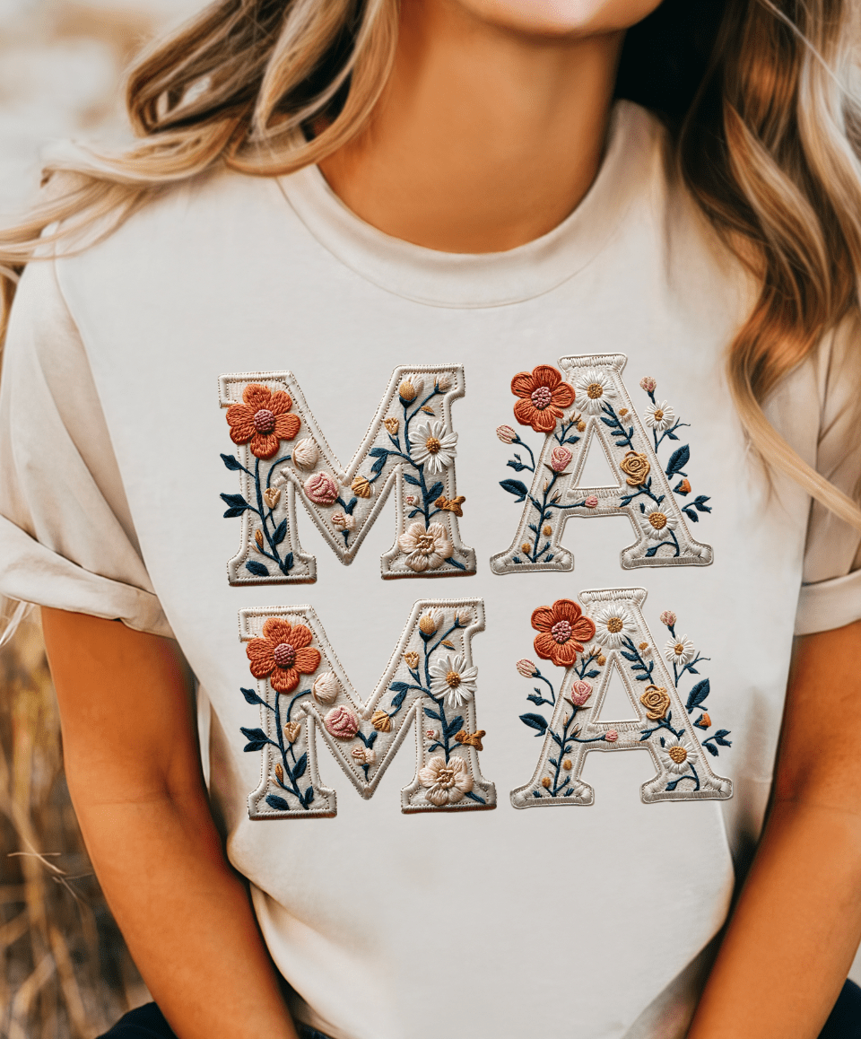 Shipping Dept. SMALL / Cream T-Shirt MAMA Floral Faux Embroidered Tees and Sweatshirts