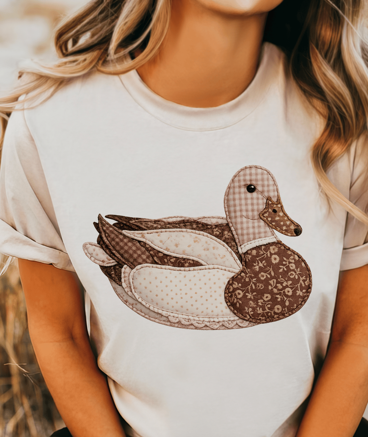 Shipping Dept. Adult SMALL / Cream Tshirt Mimis Vintage Faux Patchwork Brown Duck - Cream - Sweatshirts & T-Shirts