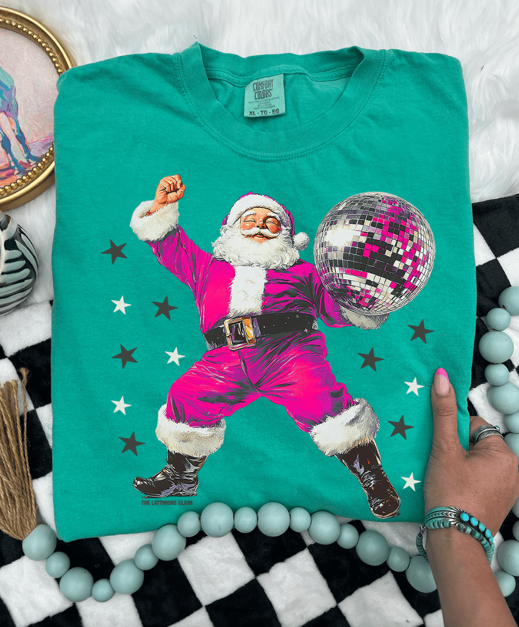 Shipping Dept. SMALL / Island Green - Comfort Color Tee Pink Disco Dancing Santa