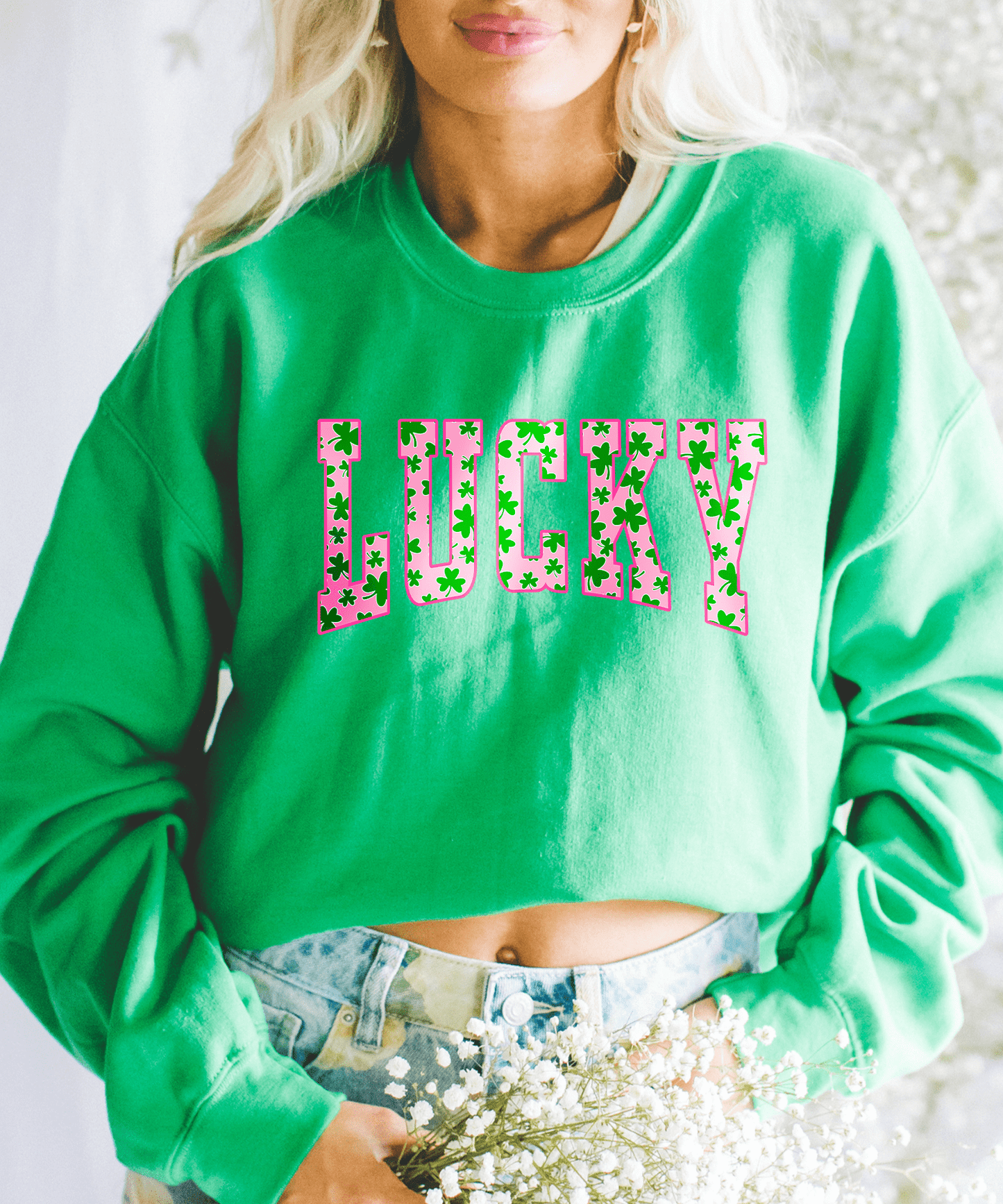 MISSMUDPIE Pink Lucky Shamrocks - Green Sweatshirt