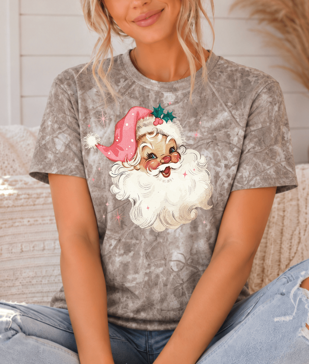 Shipping Dept. Pink Santa Sparkles on Sand Timberwood Camo Tee