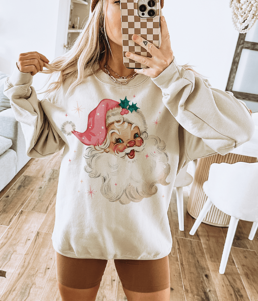 Shipping Dept. SMALL / Cream Sweatshirt Pink Santa Sparkles Tees and Sweatshirts