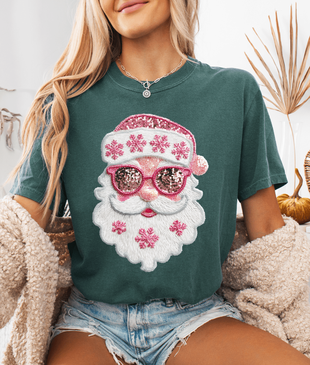 Shipping Dept. SMALL / Blue Spruce - Comfort Color Tee Pretty Pink Faux Sequin Santa