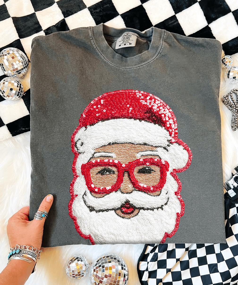 Shipping Dept. SMALL / Pepper - Comfort Color Tee Red Glasses Faux Sequin Santa