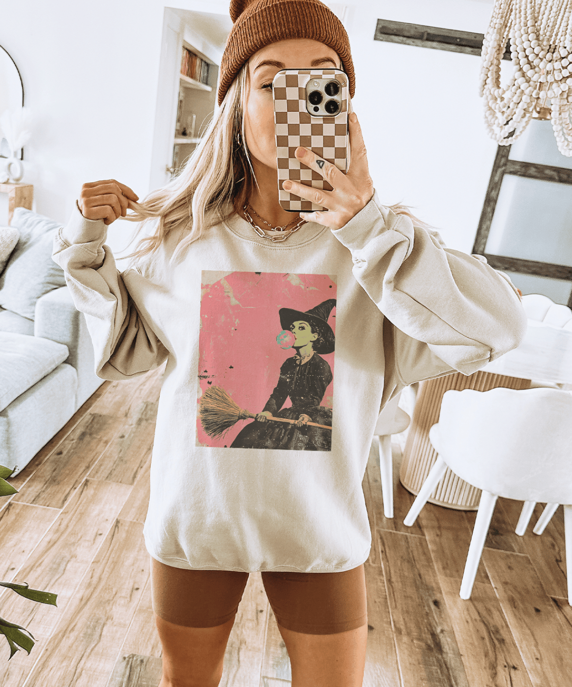 Shipping Dept. SMALL / Cream Sweatshirt Resting Witch Face Disco Pop Halloween - Cream Tees and Sweatshirts