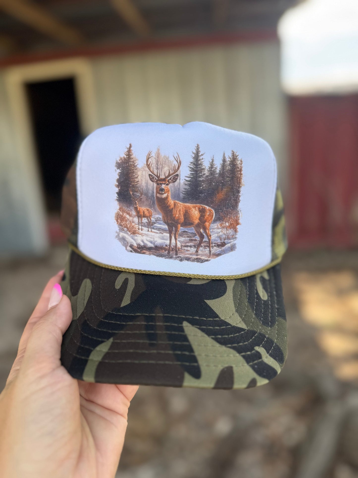 Shipping Dept. Camo & White Retro Deer Trucker Cap - Multiple Color Options