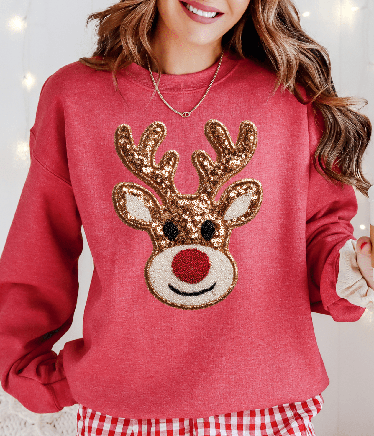 Shipping Dept. SMALL / Heather Red Sweatshirt Rudolph Red Nose Faux Sequin Reindeer