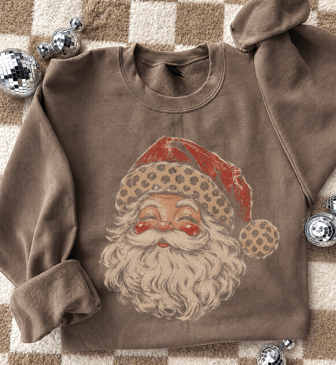 Shipping Dept. Santa cheetah hat - Mocha Sweatshirt