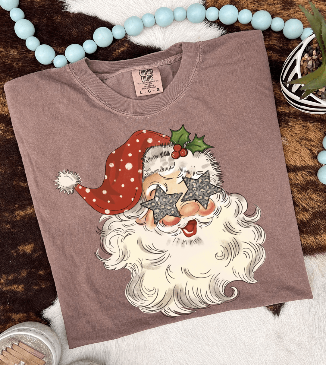 Shipping Dept. SMALL / Espresso - Comfort Color Tee Santa With Star Eyes