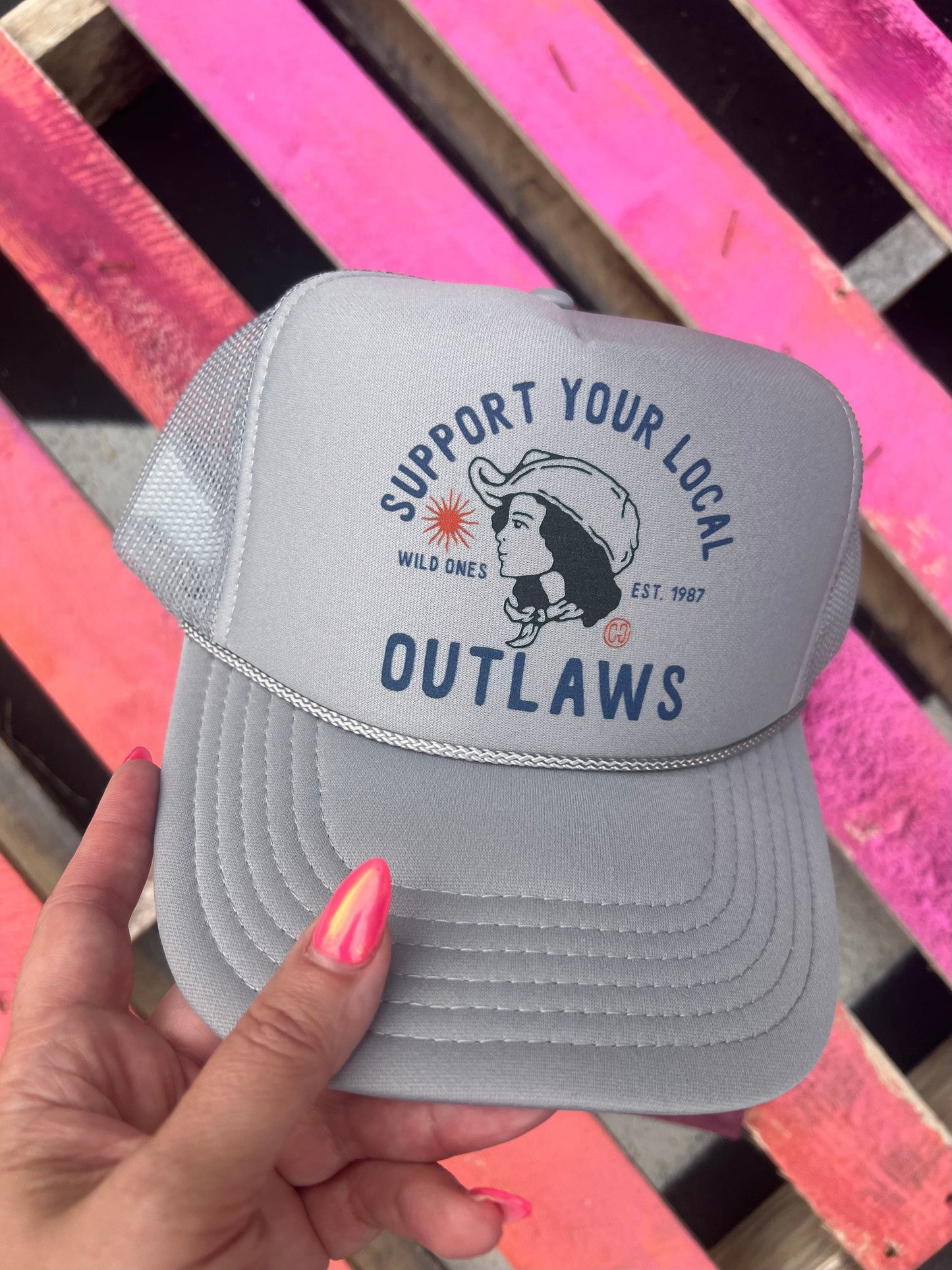 Shipping Dept. Support Your Local Outlaws- Foam Trucker Cap - Light Gray
