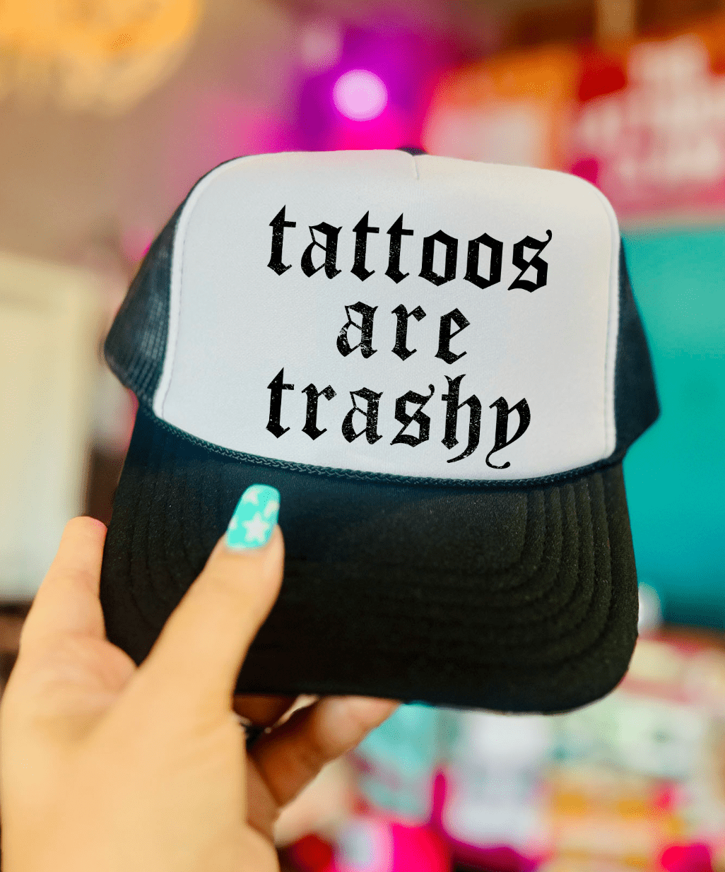 Shipping Dept. Tattoos are Trashy OTTO Black and White Foam Trucker