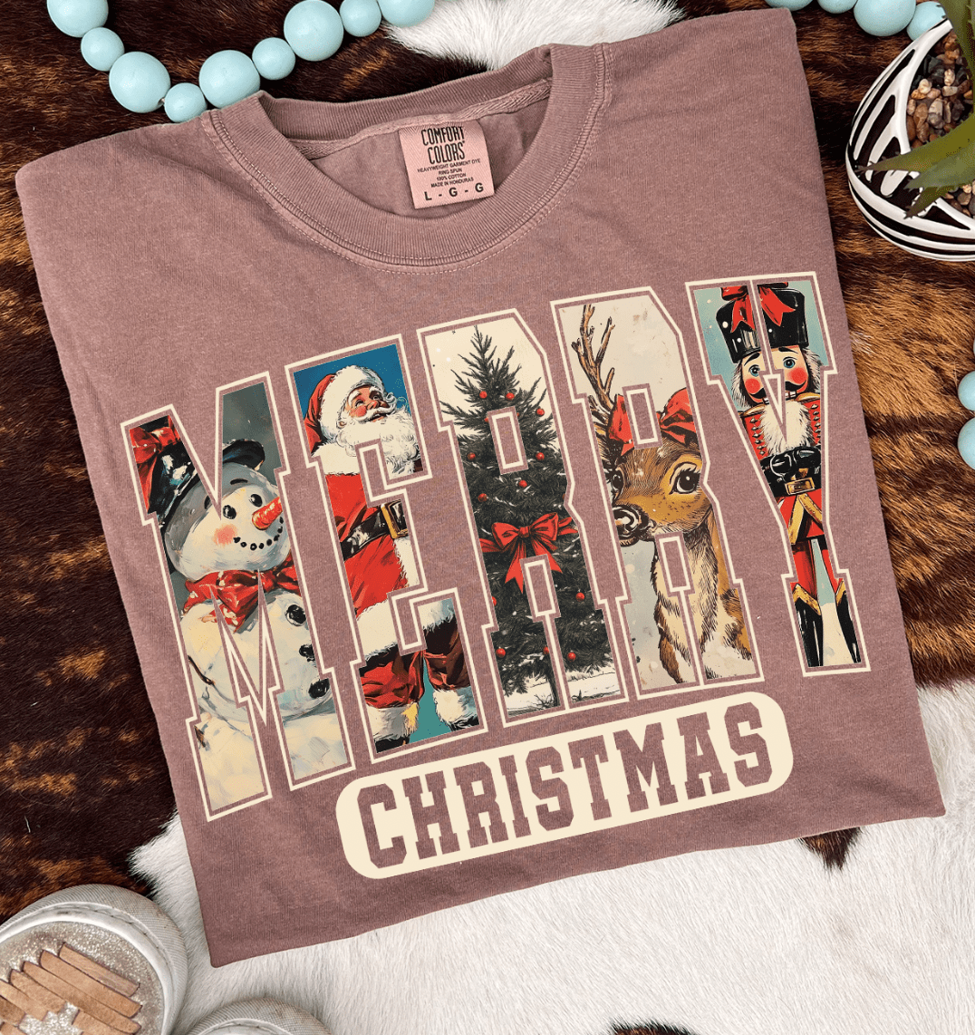 Shipping Dept. SMALL / Espresso - Comfort Color Tee Vintage Merry Christmas