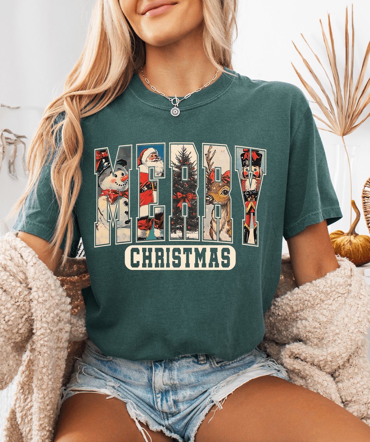 Shipping Dept. SMALL / Blue Spruce - Comfort Color Tee Vintage Merry Christmas