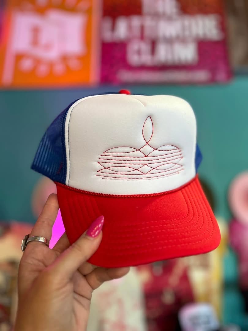 Shipping Dept. Red White & Blue Western Boot Stitch Trucker Caps - Multiple Color Options