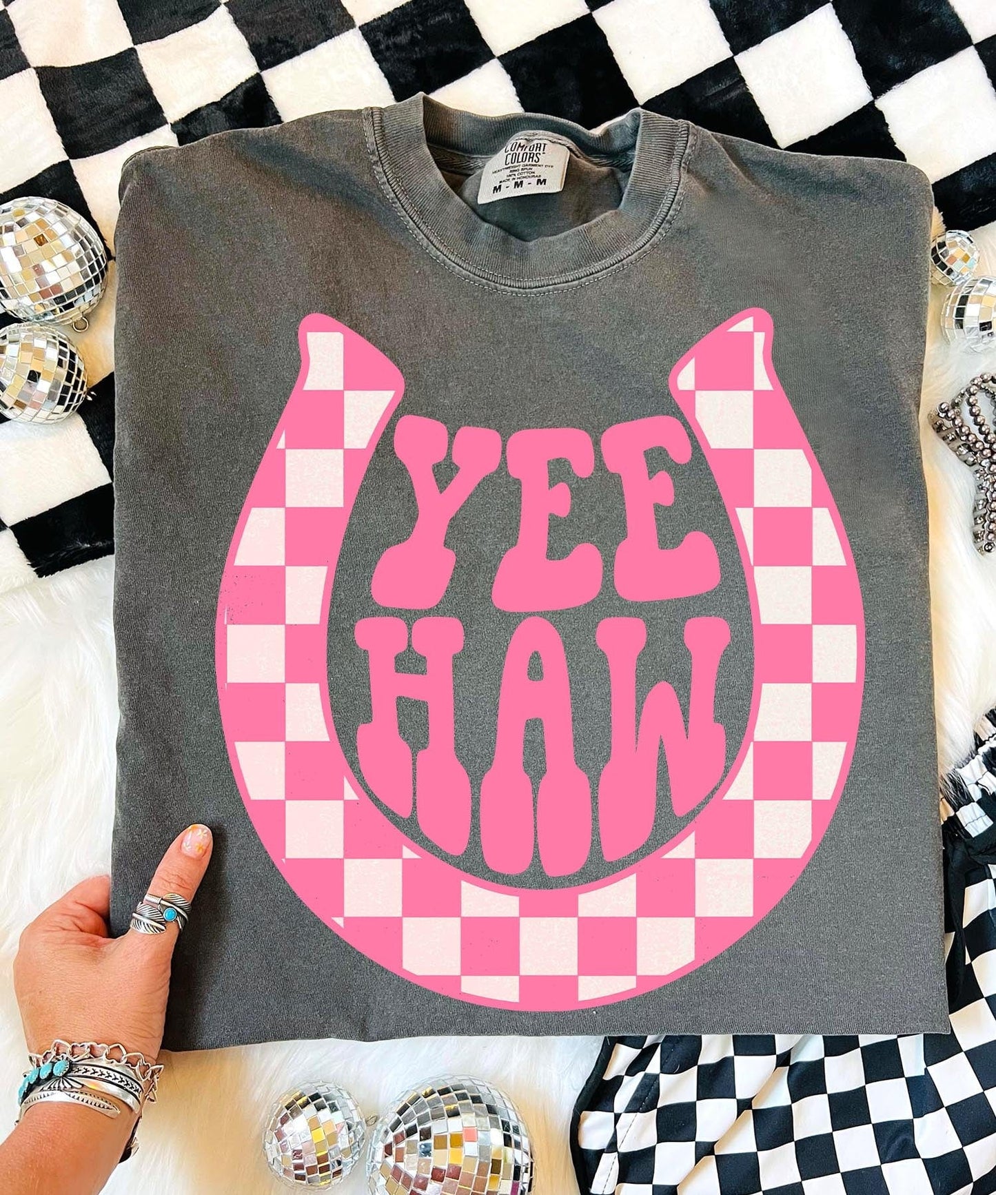 Shipping Dept. Small / Pepper Yee Haw Pink Checkered Horseshoe - COMFORT COLOR - Multiple color