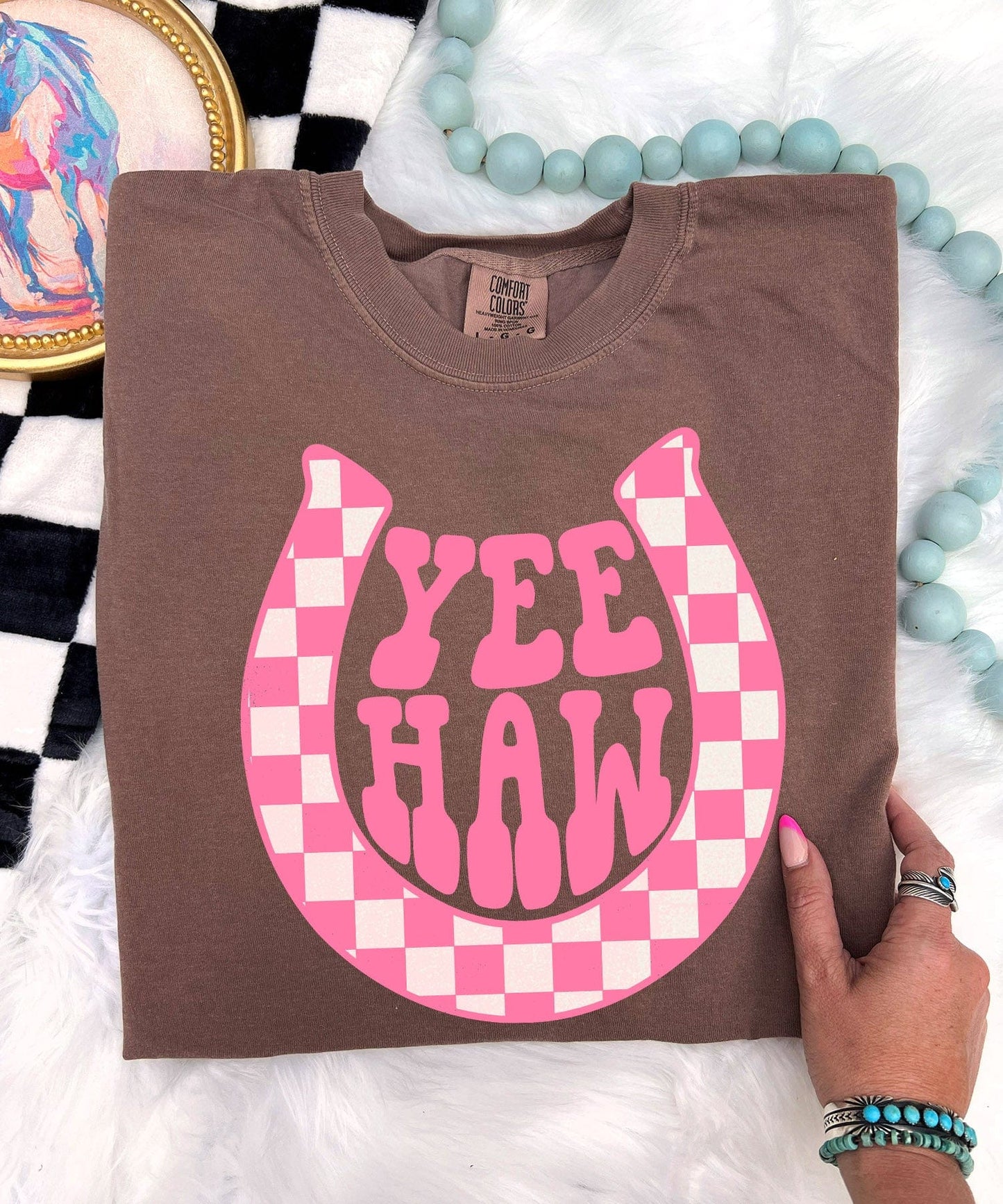 Shipping Dept. Small / Espresso Yee Haw Pink Checkered Horseshoe - COMFORT COLOR - Multiple color