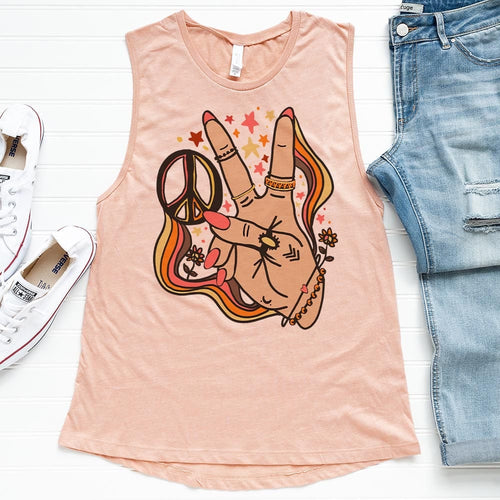 Shipping Dept. Groovy Peace Hand - Heather PInk-  Festival Tank