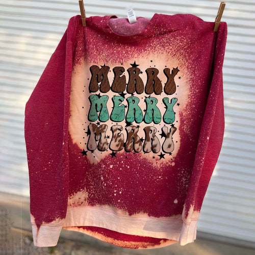 MISSMUDPIE MERRY MERRY MERRY Cowgirl Christmas - Red Bleached -  fleece lined sweatshirt