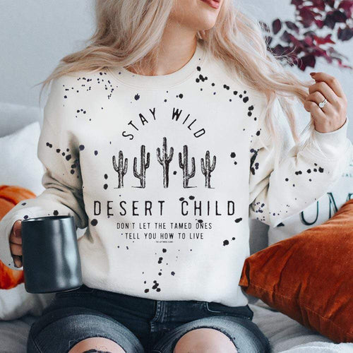 MISSMUDPIE Stay Wild Desert Child with cactus - White Sweatshirt with Black Paint Splatter