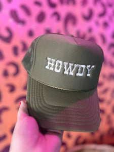 HOWDY Embroidered Olive Green Otto Foam Mesh Back Trucker Cap