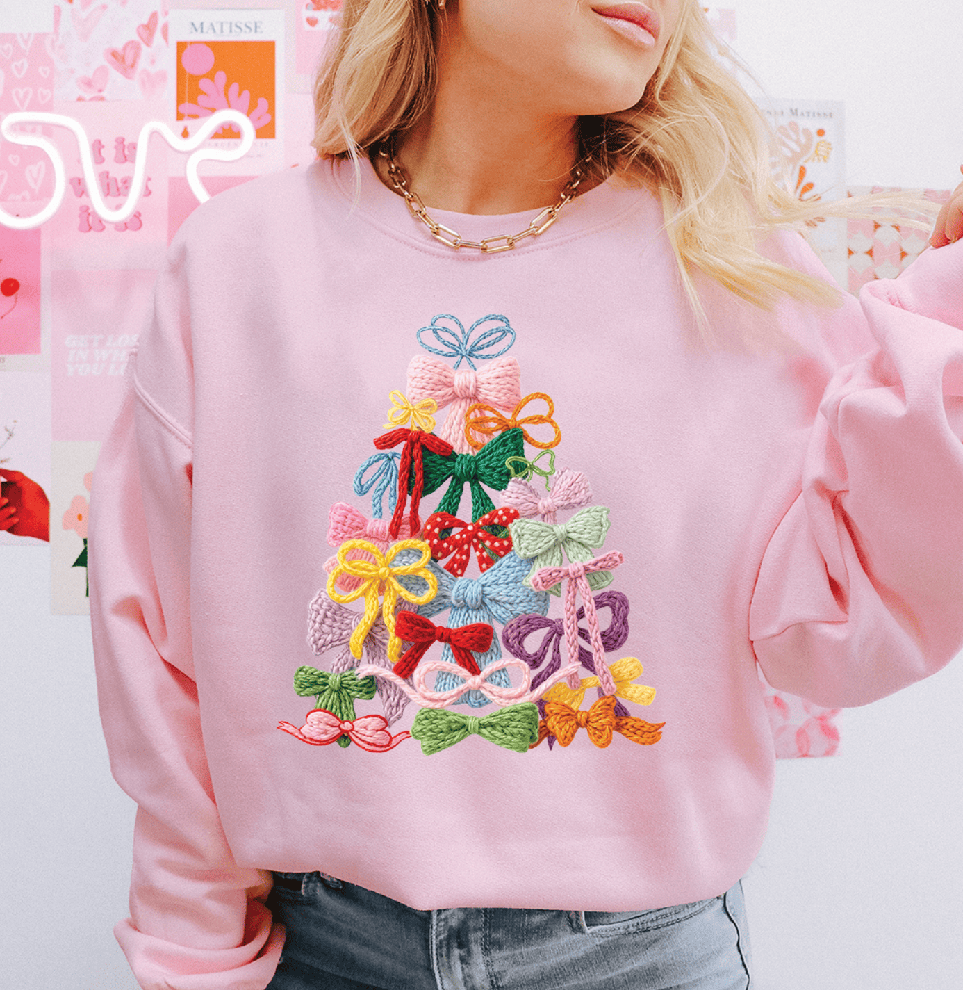 Faux Yarn Christmas Tree Bows - Light Pink Sweatshirt