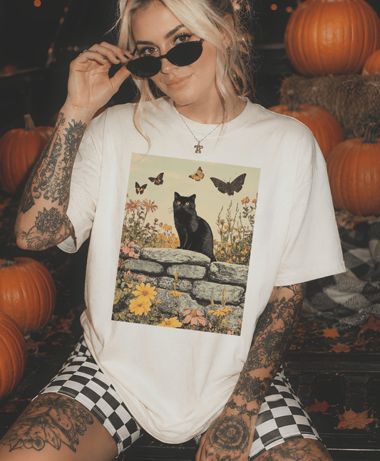 Shipping Dept. SMALL / Cream T-Shirt Black Cat Cutie Disco Pop Halloween - Cream Tees and Sweatshirts