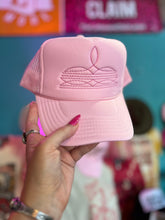 Load image into Gallery viewer, Shipping Dept. Solid Baby Pink with Fuchsia stitching Boot Stitch Trucker Caps - Multiple Color Options
