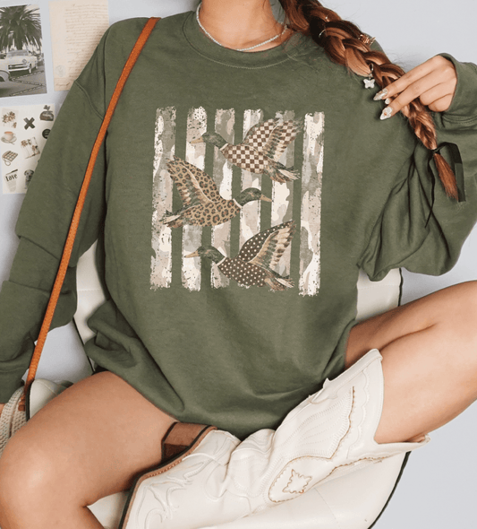 Shipping Dept. Camo Mallard Ducks - Military Green Sweatshirt